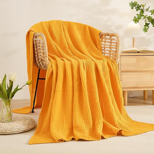 EMME Cotton Muslin Twin XL Blanket Breathable Gauze Blanket Soft Lightweight Blankets Adults Gifts for Women (Mustard Yellow, 66"x90")