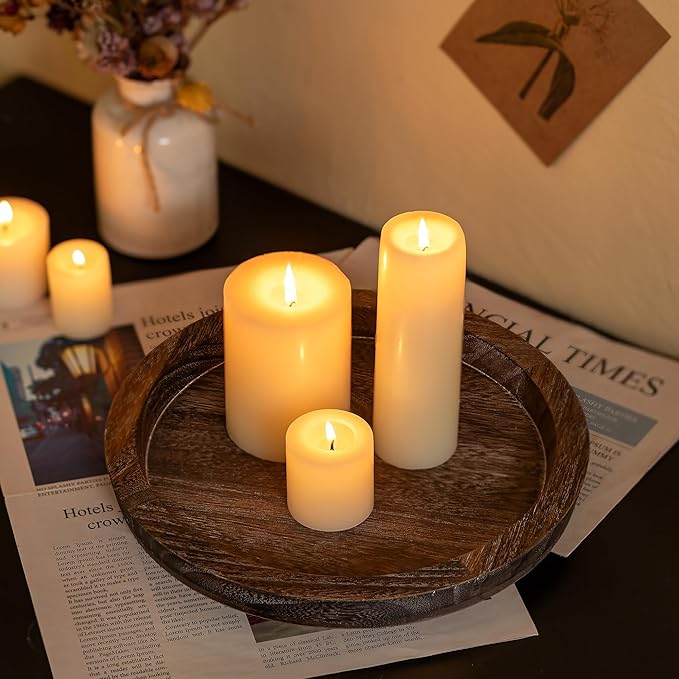 Hanobe Candle Plate Holder Tray: Round Wood Decorative Candle Plate - Rustic Farmhouse CoffeeTable Decor - Tealight Pillar Trays for Home Decor (Distressed)