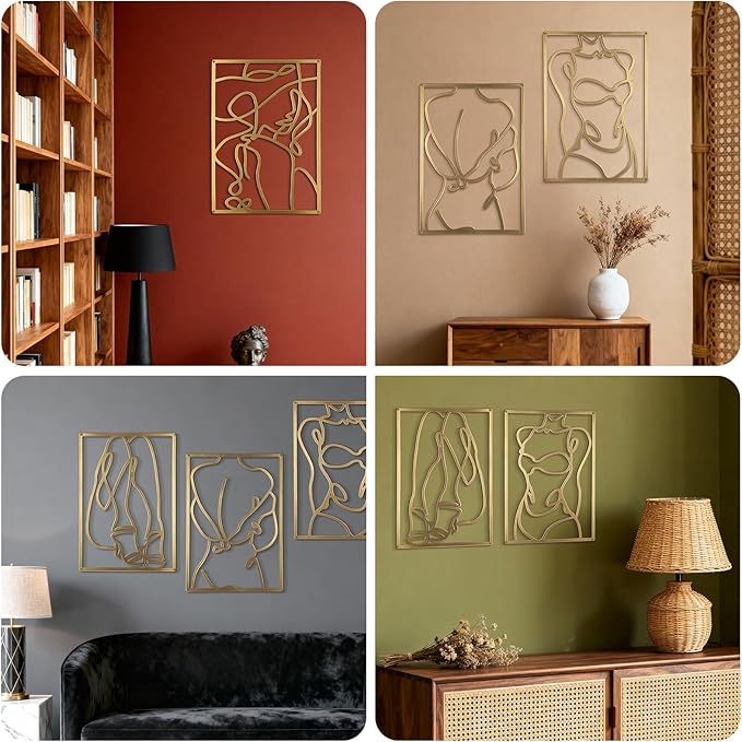 Yookan 4-Pack Metal Wall Art Decor, Minimalist Abstract Bedroom Wall Decor, Gold Modern Wall Art for Living Room, Female Body Design Wall Art for Indoor (17 x 11.8'')