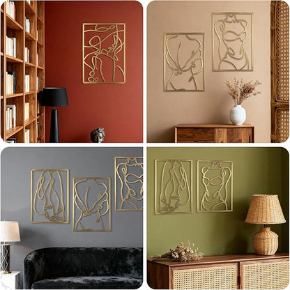 Yookan 4-Pack Metal Wall Art Decor, Minimalist Abstract Bedroom Wall Decor, Gold Modern Wall Art for Living Room, Female Body Design Wall Art for Indoor (17 x 11.8'')