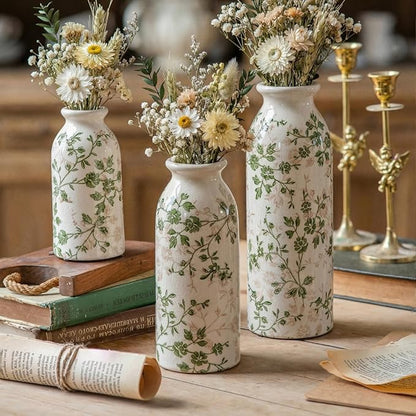 Teweiqi Vintage Vase Set of 3, Ceramic Flower Vases Chinoiserie Decor, Rustic Farmhouse Vases Retro Decorative Vases, for Home Living Room Kitchen Table Mantle Shelf Decor - Green and White