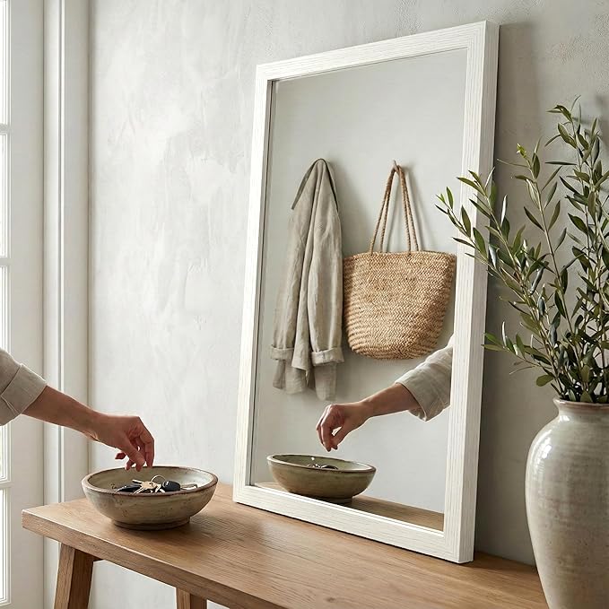 24" x 36" Cream White Wall Mirror for Decor, Modern Minimalist Bedroom Mirror, Soft Textured Waterproof Vanity Mirror for Powder Room & Nursery, Standard Trim