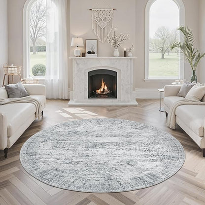5x5 Grey Round Rug 5ft Living Room Circle Rug Vintage Gray Round Area Rug Non Slip Indoor Carpet for Entryway Dining Room Bedroom