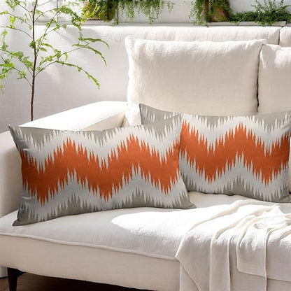 Fall Orange Grey Lumbar Pillow Covers 12x20 Set of 2 Abstract Chevron Striped Vitage Decorative Throw Pillows Outdoor Linen Farmhouse Pillowcase with Zipper Cushion Cover Decor for Home Sofa Couch Bed
