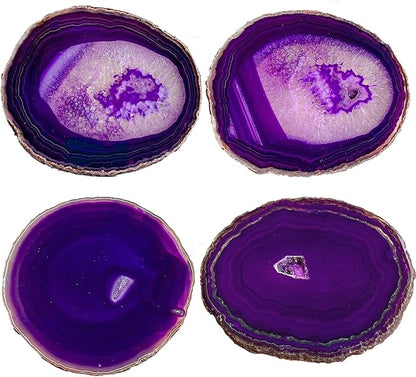 AMOYSTONE 4pcs Purple Agate Stone Coasters Large Cup Mat Natural Agate Slices 4-5 INCH with Rubber Bumpers, Home Decor