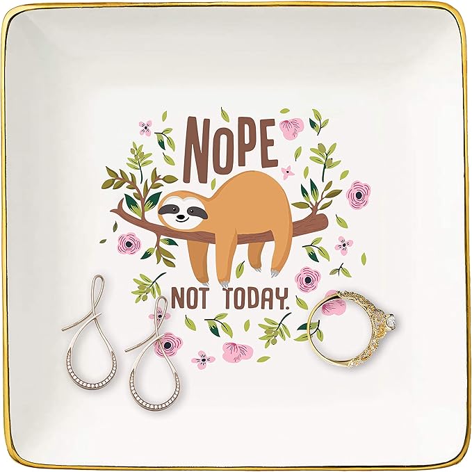 Funny Sloth Gifts Ideas for Women Or Girls - Birthday,Christmas Gifts For Mom,Aunt,Grandma,Sister,Daughter,Co-worker,Best Friends - Nope Not Today – Ceramic Jewelry Holder Ring Dish Trinket Box Tray