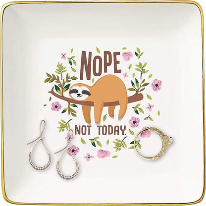 Funny Sloth Gifts Ideas for Women Or Girls - Birthday,Christmas Gifts For Mom,Aunt,Grandma,Sister,Daughter,Co-worker,Best Friends - Nope Not Today – Ceramic Jewelry Holder Ring Dish Trinket Box Tray
