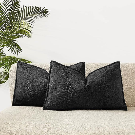 JUSPURBET Black Decorative Pillow Covers 16x24 Set of 2 Throw Pillow Covers for Couch Sofa Bed Cozy Boucle Textured Lumbar Cushion Covers Cases with Hidden Zipper for Living Room Home Decor
