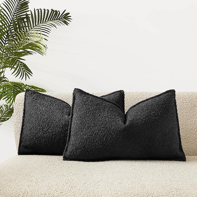 JUSPURBET Black Decorative Pillow Covers 12x20 Set of 2 Throw Pillow Covers for Couch Sofa Bed Cozy Boucle Textured Lumbar Cushion Covers Cases with Hidden Zipper for Living Room Home Decor