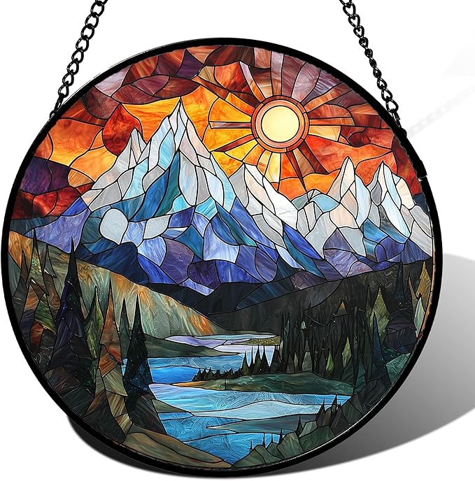 Stained Glass Window Hanging - Colorful Mountain Lake Landscape Sun Catcher for Door Garden Home Decor Suncatcher Christmas Mother's Day Birthday Gifts for Women Men Mom Nana 7.8 in