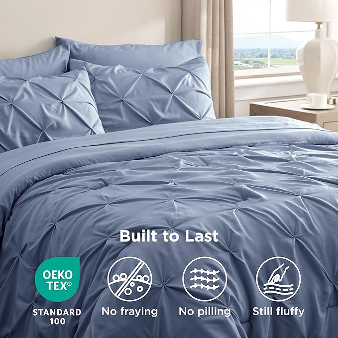 Bedsure Queen Comforter Set Slate Blue - Bed in a Bag Queen Size Bedding 7 Pieces, GentleSoft™ Pintuck Bed Set Gift for Family, Pinch Pleat All Season Comforter with Sheets, Pillowcases & Shams