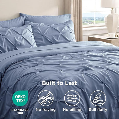 Bedsure Queen Comforter Set Slate Blue - Bed in a Bag Queen Size Bedding 7 Pieces, GentleSoft™ Pintuck Bed Set Gift for Family, Pinch Pleat All Season Comforter with Sheets, Pillowcases & Shams