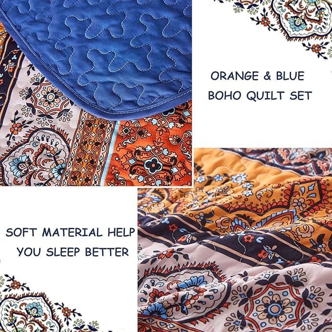 WONGS BEDDING Boho Fall Quilt King Size, Blue and Orange Bohemian King Quilt, Lightweight Microfiber Bed Decor Bedspread for All Season 103"x90"(3 Pieces)