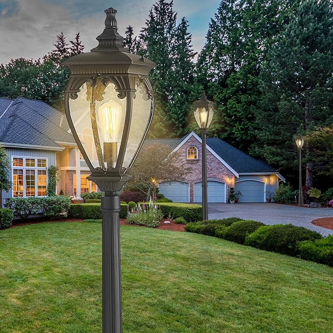 Outdoor Post Lights for Street Lamp with Glass Panels, Aluminum Waterproof Outside Lamp Post Light Fixture Outdoor Pole Lights for Yard, Backyard, Garden, Driveway
