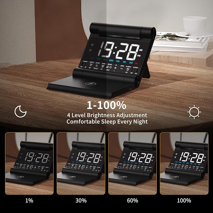 Alarm Clock with Wireless Charging for bedrooms, Heavy Sleepers, Travel, Teens, Digital Smart Desk Clock, Dual Alarms, 4 Level Brightness, Foldable Design,Build-in Battery