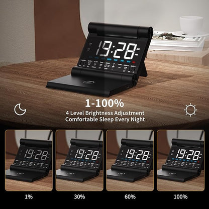 Alarm Clock with Wireless Charging for bedrooms, Heavy Sleepers, Travel, Teens, Digital Smart Desk Clock, Dual Alarms, 4 Level Brightness, Foldable Design,Build-in Battery