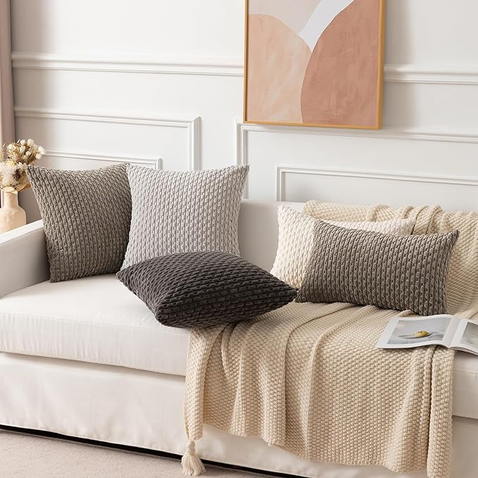 Kevin Textile 2 Packs Light Brown Euro Farmhouse Decorative Throw Pillow Covers 26x26 Inch for Living Room Couch Bed Sofa Rustic Boho Home Decor Soft Striped Corduroy Square Cushion Case 66x66 cm