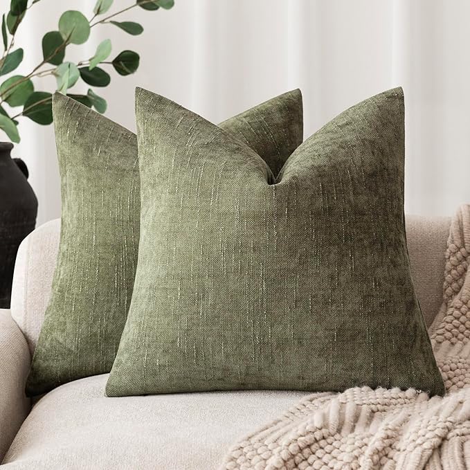 Foindtower Pack of 2 Soft Textured Chenille Throw Decorative Pillow Covers Square Accent Solid Cushion Cover Cozy Neutral Farmhouse Pillow Case for Couch Sofa Bedroom Living Room 26x26 Inch,Dark Green