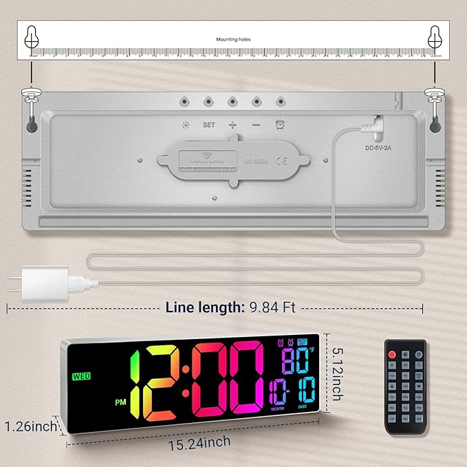16.5" Large Digital Wall Clock: 11 RGB Colors Wall Mount Decor Clock for Living Room Bedroom Office Classroom, House Warming Gifts New Home Decor, for Men Women Gray