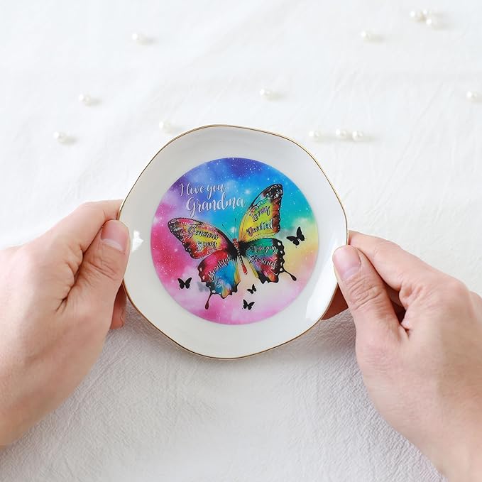 HOME SMILE I Love You Grandma Jewelry Ring Dish Tray with Dynamic Butterfly Pattern Shifts for Grandmother,Unique Mother's Day Gifts for Nana