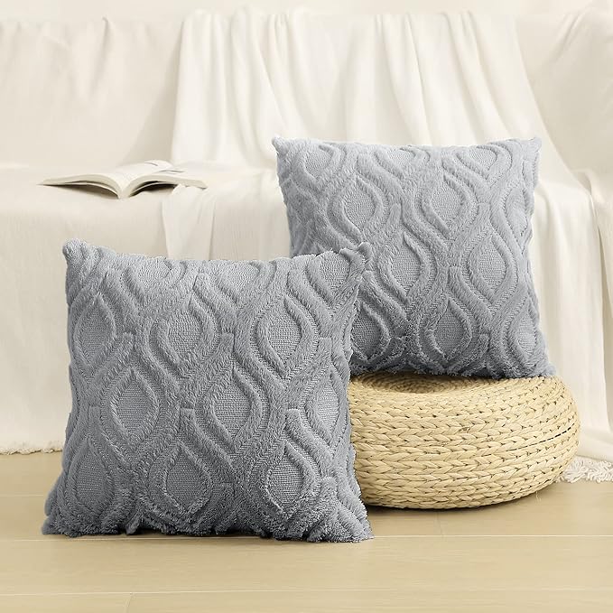 decorUhome Spring Throw Pillow Covers 20x20 Inch Set of 2, Soft Plush Faux Wool Grey Solid Couch Pillow Covers, Accent Farmhouse Neutral Square Pillow Cases for Sofa Bed Living Room