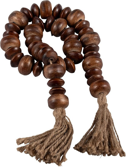 Sagebrook Home Rustic Wood Bead Garland with Jute Tassels - Decorative Farmhouse Beads for Coffee Table, Shelf, or Mantel - Natural Boho Accent for Home Décor - 1.25" Natural/Brown