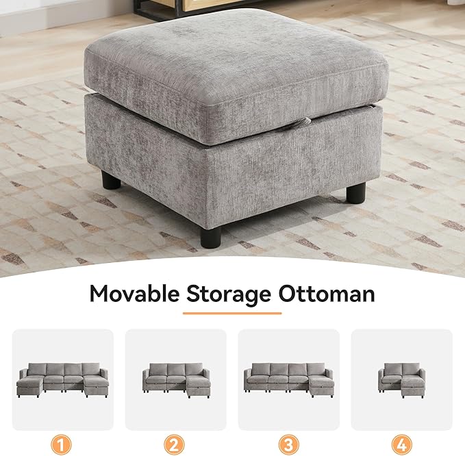 107”Modular Sectional Sofa Convertible U Shaped Sofa Couch Set with Storage for Living Room, Modern 6 Seater Modular Sectional Couch with Movable Ottoman, Chenille(Light Grey)