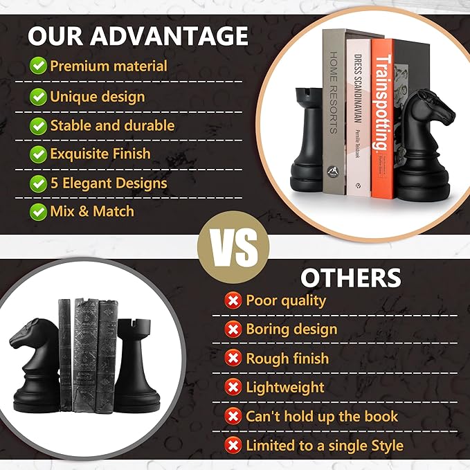 Chess Book Ends for Shelves – Elegant Decorative Bookends for Heavy Books, Office & Living Room Decor – Modern Shelf Organizer and Gift for Book Lovers (Matte Black, Arabian Mate)