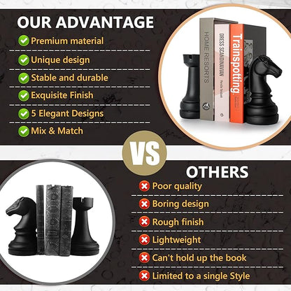 Chess Book Ends for Shelves – Elegant Decorative Bookends for Heavy Books, Office & Living Room Decor – Modern Shelf Organizer and Gift for Book Lovers (Matte Black, Arabian Mate)
