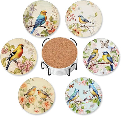 6 Pcs Drink Coasters with Holder,Vintage Watercolor Bird Flower Absorbent Round Ceramic Coaster for Tabletop Protection,for Coffee Cup Beverage Coasters Wine Beer Bar