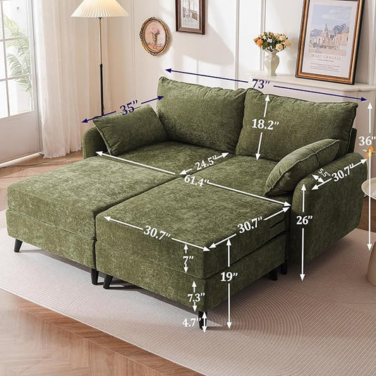 73'' Loveseat Sofa with Seats Storage, Modular Sectional Couch with 2 Movable Ottoman,Oversized Comfy Love Seat with Deep Seat,7.8'' Cushion,Couch for Living Room,Bedroom,Chenille,Green