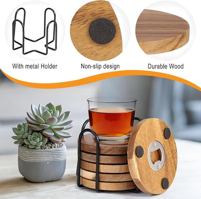 Yoption 6 Pcs Wood Coasters for Drinks with Bottle Opener and Holder, Acacia Wooden Cup Coaster with Non-Slip Pad for DIY Crafts, Coffee Table, Dining Table Home Christmas Decor, 4 Inches
