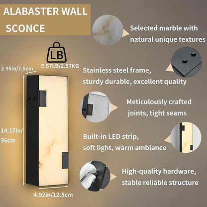 Modern Alabaster Marble Wall Sconces 14.17” Black Frame Dimmable 3000K Warm Glow Light Set of 2 for Bedroom Hallway Living Room