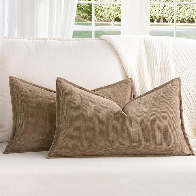 ZWJD Khaki Pillow Covers 12x20 Set of 2 Chenille Throw Pillow Covers with Elegant Design Soft and Luxurious Decorative Throw Pillows for Couch, Bed, and Home Decor
