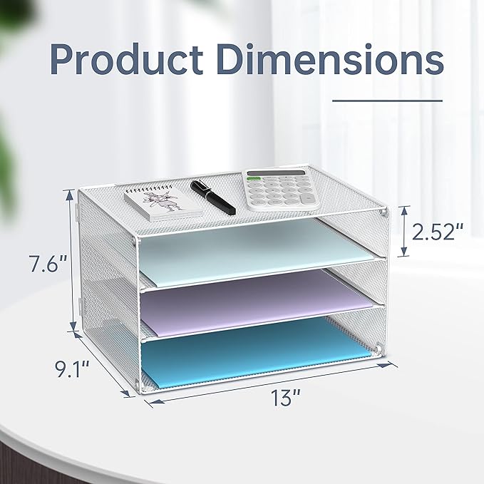DALTACK 3 Tier Letter Tray Paper Organizer Mesh Metal Desk File Organizer for Home & Office, White 2 Pack