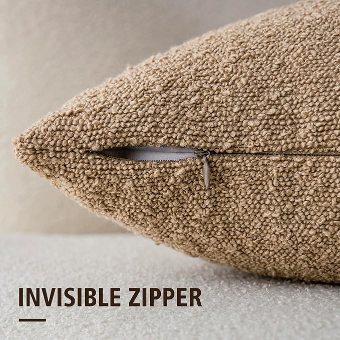 Foindtower Textured Boucle Throw Pillow Covers Accent Solid Pillow Cases Cozy Soft Decorative Couch Cushion Case for Chair Sofa Bedroom Living Room Home Decor, 18 x 18 Inch,Taupe Khaki Camel