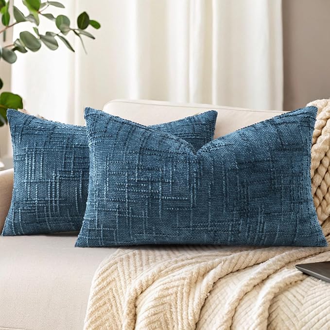 decorUhome Spring Navy Blue Chenille Throw Pillow Covers 12x20 Set of 2 Textured Slubby Couch Pillow Covers Farmhouse Accent Modern Neutral Decorative Pillow Cases for Bed Sofa Living Room
