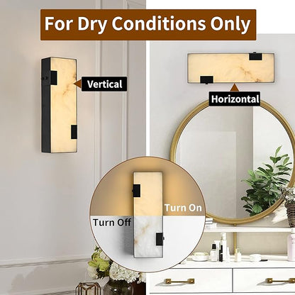 Modern Alabaster Wall Sconce 14.17” Black Frame with Natural Marble Shade Dimmable 3000K Warm Glow Light for Bedroom Hallway Fireplace Staircase