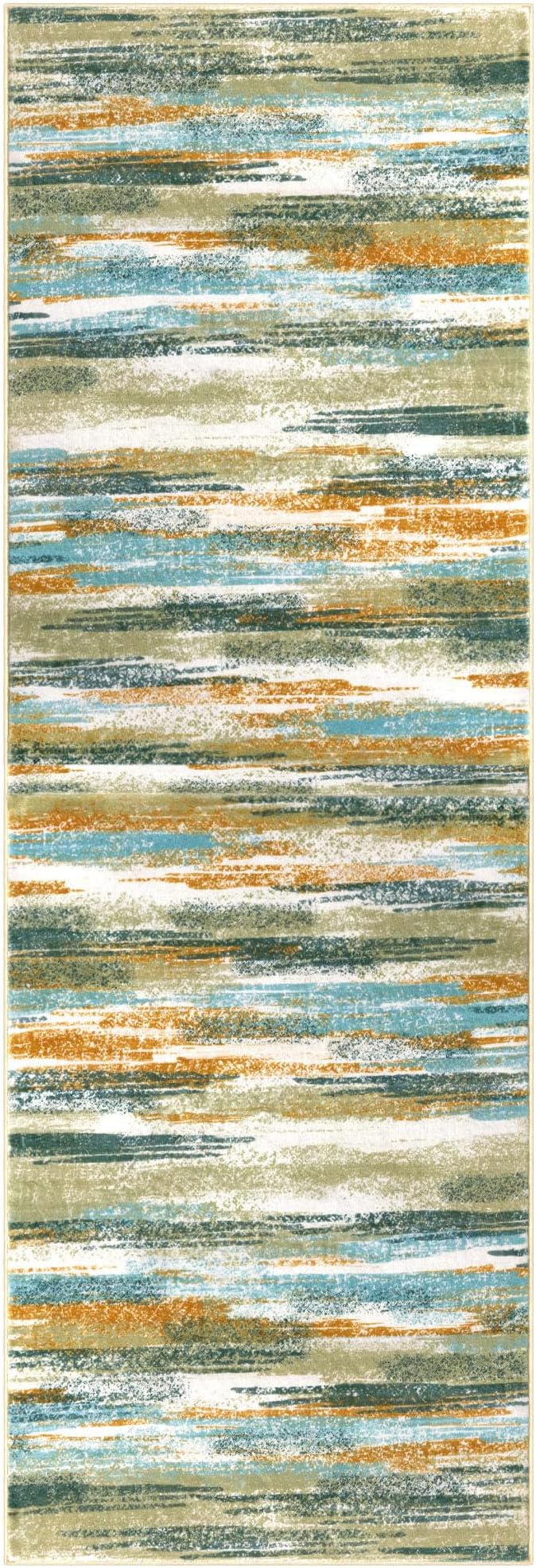 Modern Abstract Runner Rug 2.6x18, Green Mustard Multi Washable Long Kitchen Runner Non-Slip Soft Hallway Rug Runner Thin Print Faux Wool Carpet for Entryway Bedroom Laundry Room Indoor