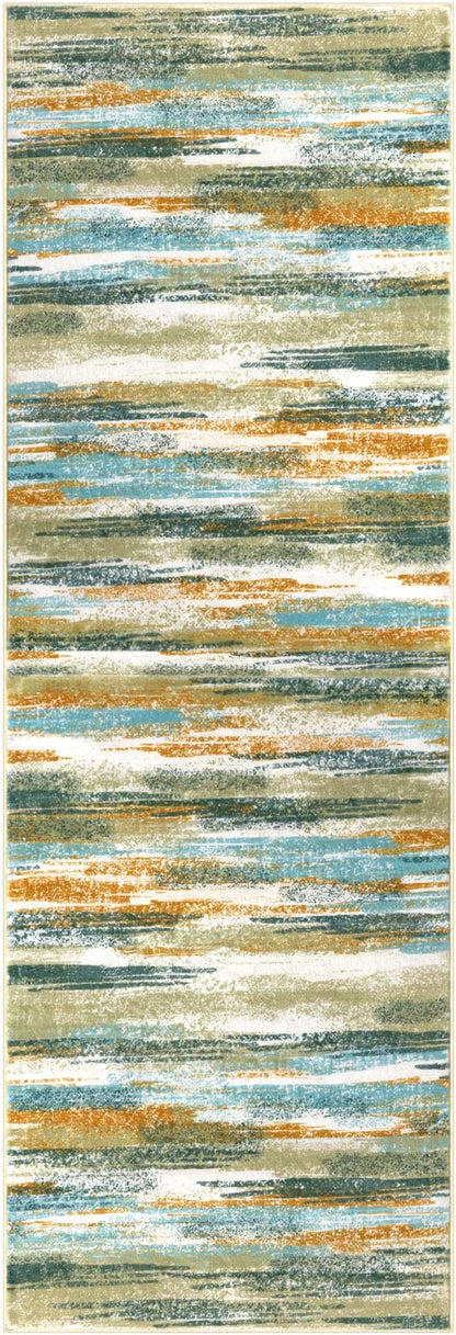 Modern Abstract Runner Rug 2.6x10, Green Mustard Multi Washable Long Kitchen Runner Non-Slip Soft Hallway Rug Runner Thin Print Faux Wool Carpet for Entryway Bedroom Laundry Room Indoor