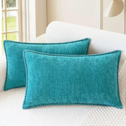 CaliTime Throw Pillow Covers Decorative 12 X 20 Inches Pack of 2 Cotton Thread Stitching Edges Solid Dyed Soft Chenille Cushion Cases for Couch Sofa Bed Living Room Farmhouse Lake Blue