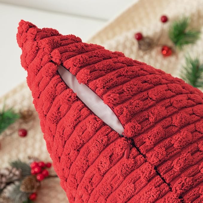 Kevin Textile Christmas Throw Pillow Covers Soft Corduroy Decorative Set of 2 Boho Striped Pillow Covers Pillowcases Farmhouse Home Decor for Couch Bed Sofa Living Room 18x18 Inch Red