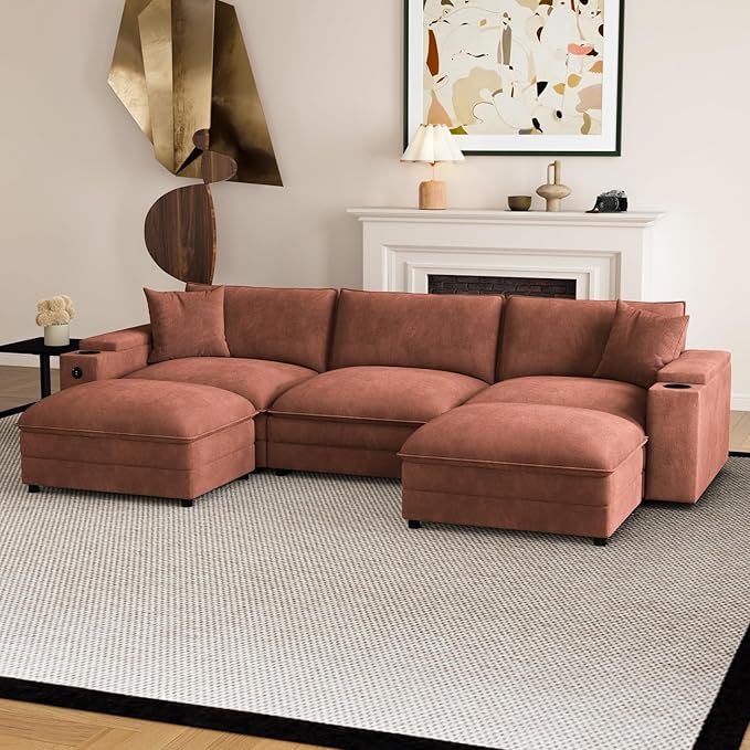 115" U Shaped Cloud Sofa Couch with Ottoman, Storage Armrest, Cup Holders, USB & Type-C Ports, Spring Cushions, Solid Wood Frame, Chenille Modular Sectional for Living Room (Coffee-U-115.2")
