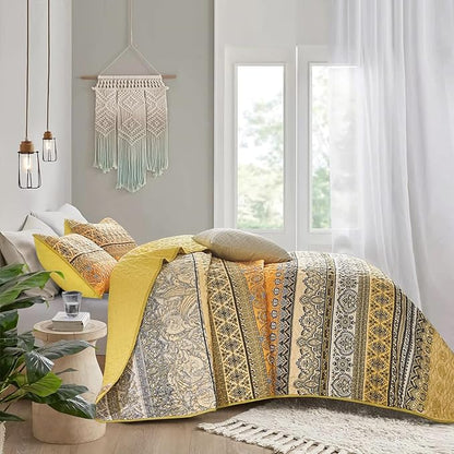 WONGS BEDDING Boho Queen Quilt Set, Yellow Orange Bohemian Queen Quilt Bedding Set, Lightweight Microfiber Bed Decor Bedspread for All Season 96"x90"(3 Pieces)