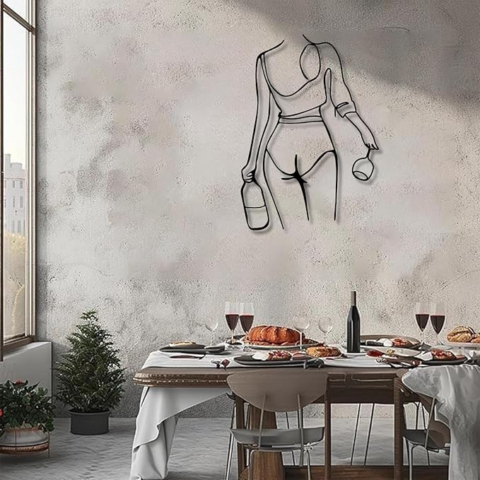 Metal Wall Art Woman Drinking Wine, Modern Minimalist Abstract Line Sculpture, Feminine Wall Decor for Living Room, Dining Room, Bar, Kitchen, Perfect Wine Lover Birthday Housewarming Gift – Black 30.3"x21.7"