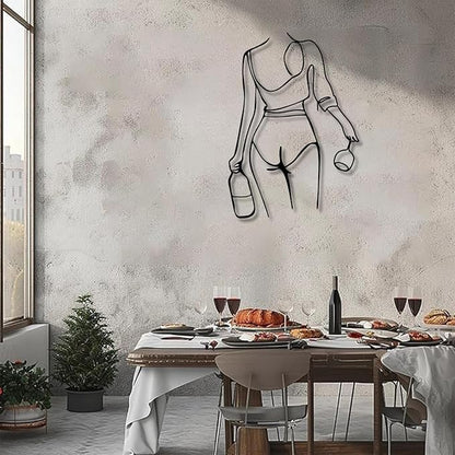 Metal Wall Art Woman Drinking Wine, Modern Minimalist Abstract Line Sculpture, Feminine Wall Decor for Living Room, Dining Room, Bar, Kitchen, Perfect Wine Lover Birthday Housewarming Gift – Black 30.3"x21.7"