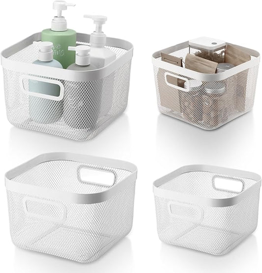 4 Pack Metal Mesh Basket with Hollow Handles White Wire Storage Bin for Organizing Stackable Metal Fine Mesh Basket for Pantry Bathroom Kitchen Cabinets Shelves (Medium and Large)