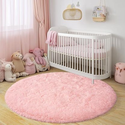 Round Fluffy Rugs 4Ft for Girls Bedroom, Pink Shag Circle Kids Rug Non-Slip for Bedside Dorm Nursery Playroom, Soft Cute Area Rugs for Living Room Decor