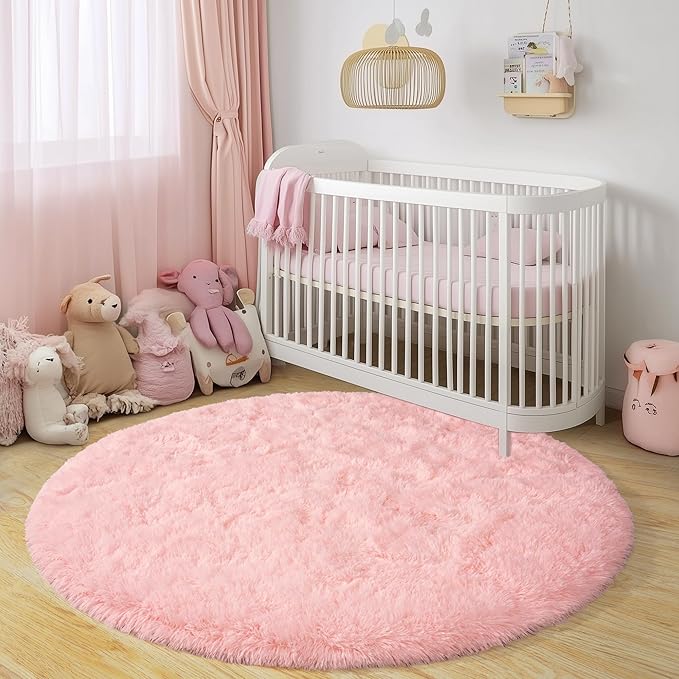 Round Fluffy Rugs 7Ft for Girls Bedroom, Pink Shag Circle Kids Rug Non-Slip for Bedside Dorm Nursery Playroom, Soft Cute Area Rugs for Living Room Decor