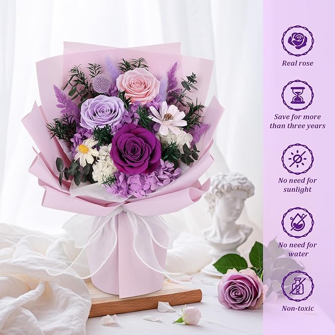 Flowers for Delivery Preserved Flowers with Vase That Last 3-5 Years Real Forever Flowers Purple Rose Bouquet for Mom Birthday Thanksgiving Christmas Gift for Women Grandma Wife Friends Her